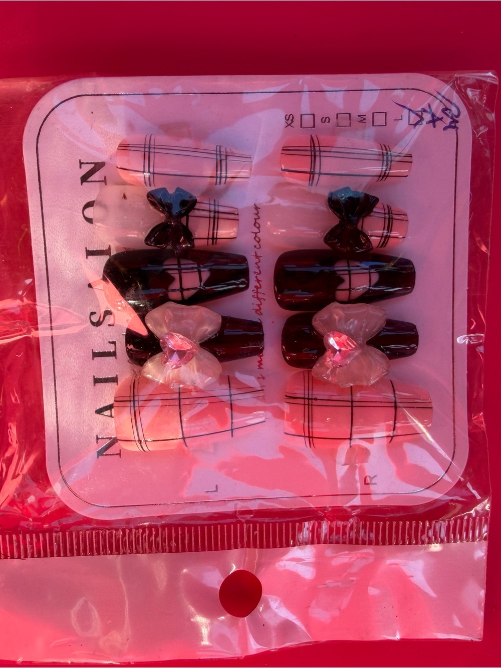 Press-On Nail Set with Pink Plaid and Black Accents